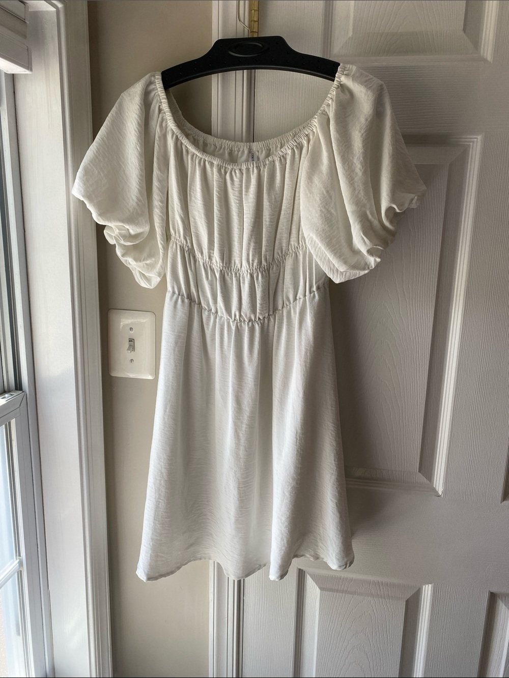 White Puff-Sleeve Mini Dress with Smocked Waist